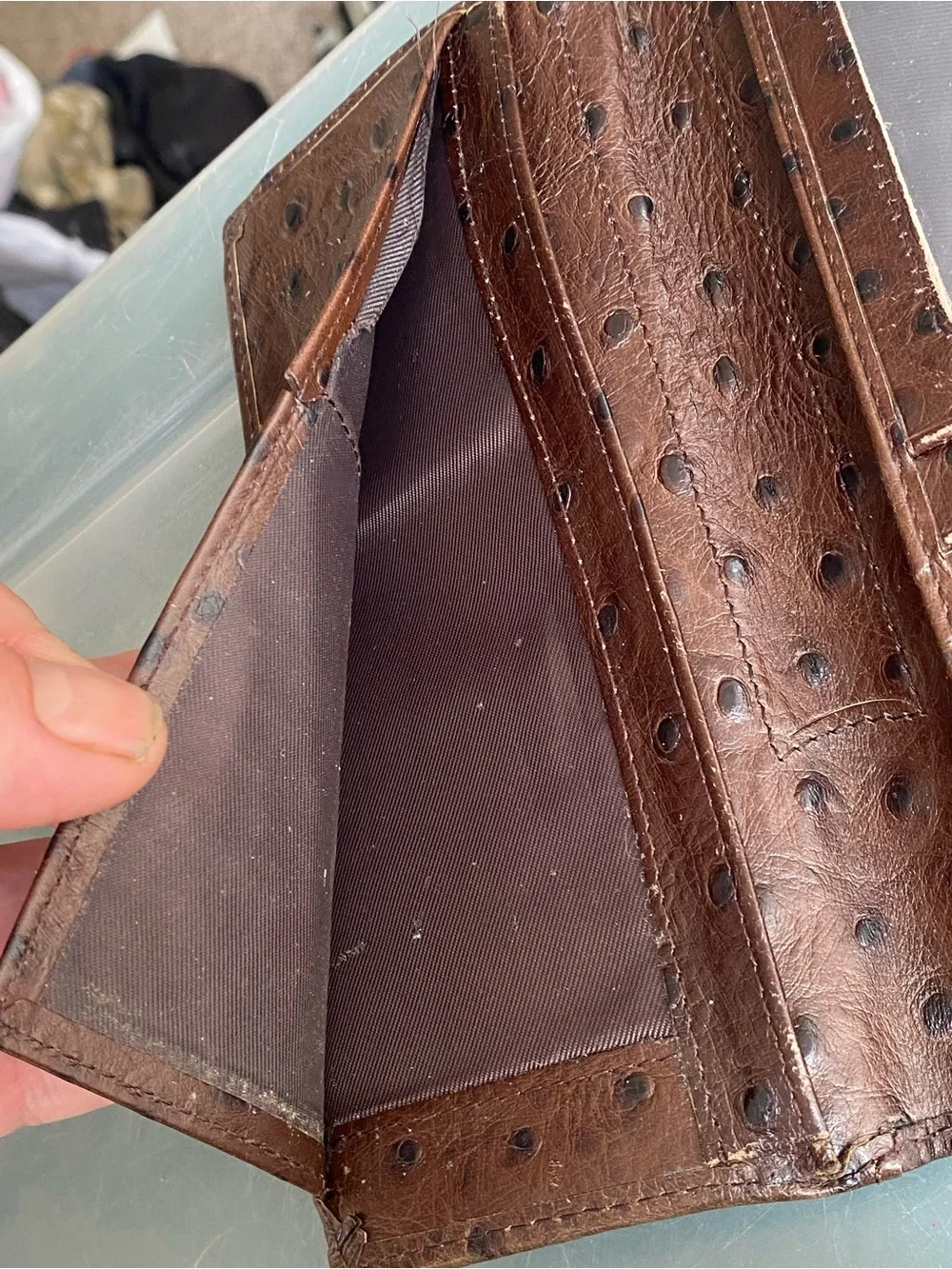 TOP NOTCH HORSE HAIR MEN'S QUILL OSTRICH PRINT BROWN WALLET